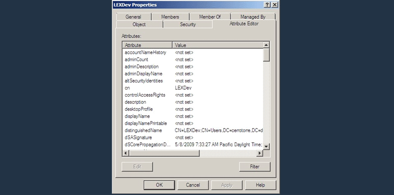 active directory grup attribute editor sekmesi